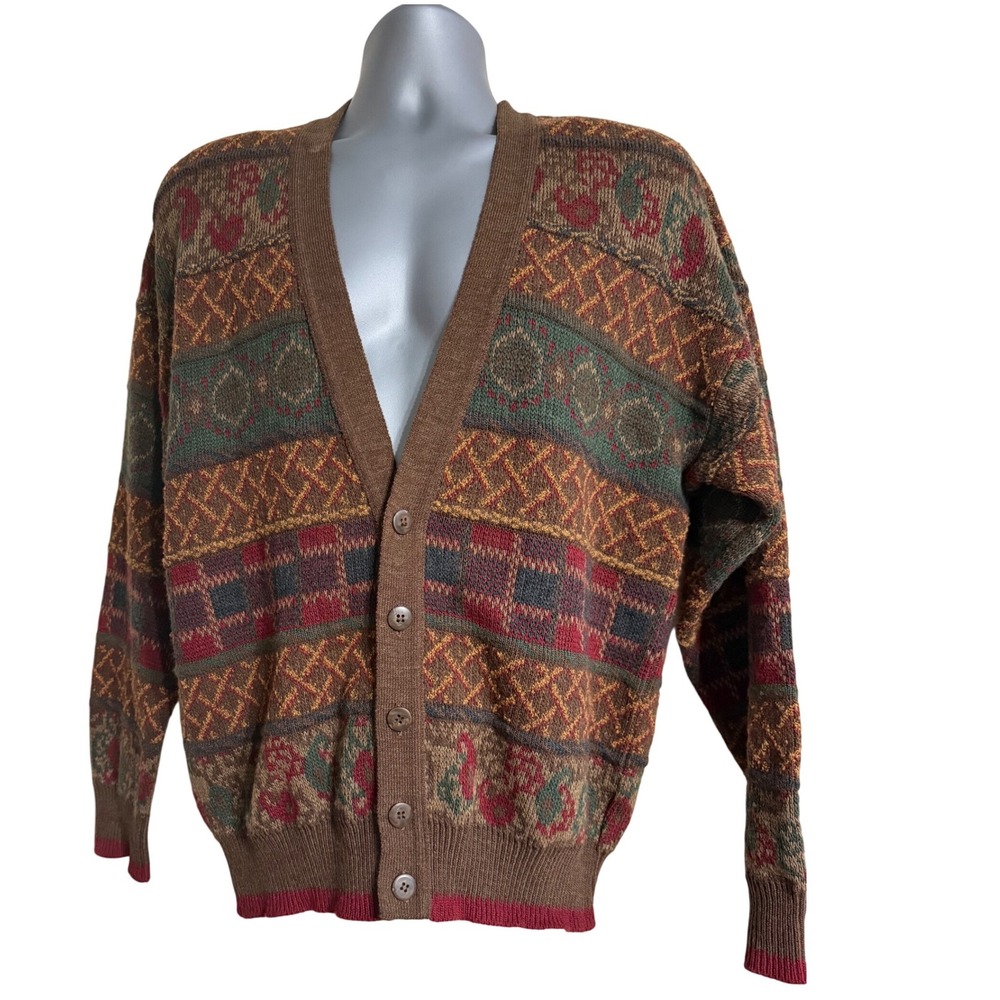 The Italian Sweater Co. Men's Geometric Pattern V-Neck Cardigan Brown Multi Sz M